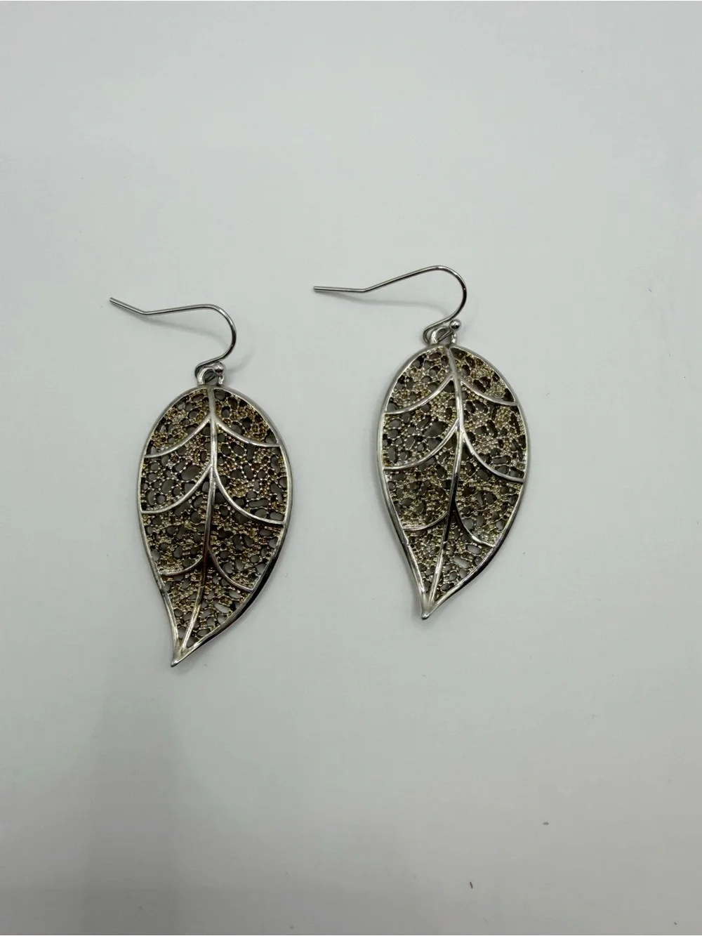 Silver Tone Filigree Leaf Dangle Earrings | Boho Nature Statement Earrings